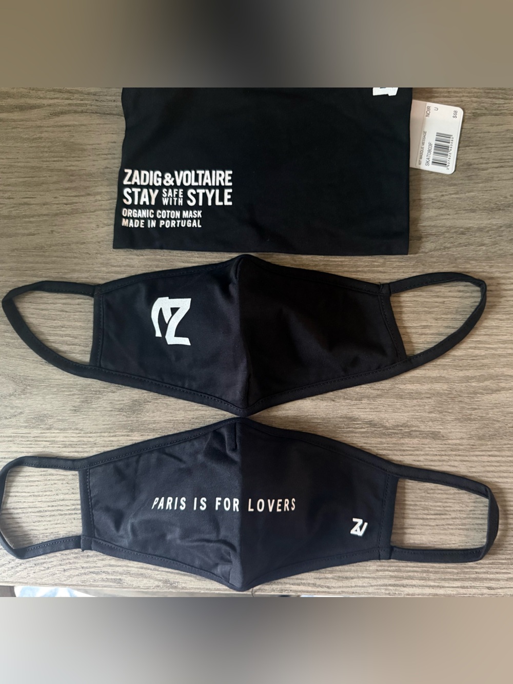 NWT Zadig & Voltaire Set of 2 Black Logo Cotton Mask with Zipper Pouch